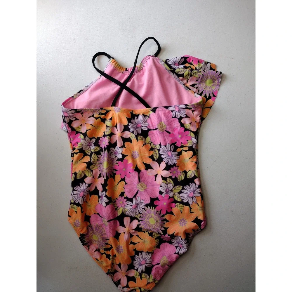 Wonder‎ Nation Girls Floral Ruffle One Piece Swimsuit Size L 10-12